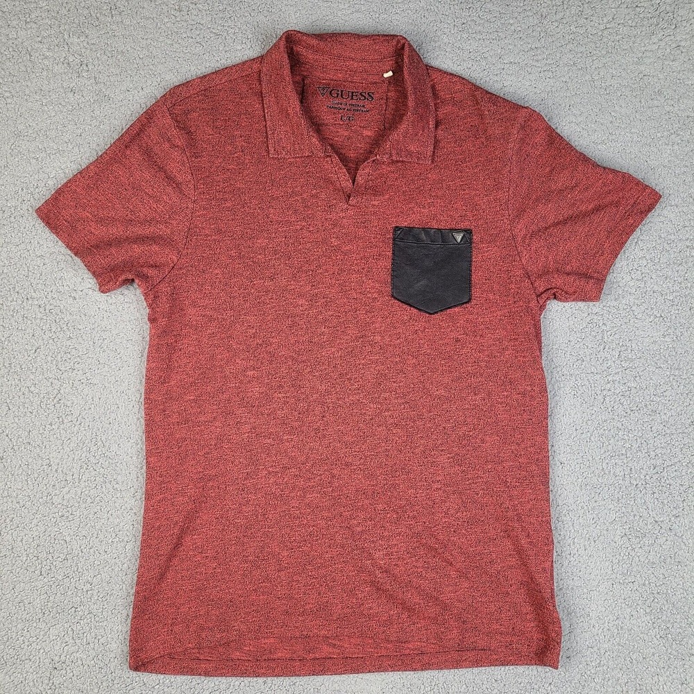 Guess Polo Shirt Mens‎ Large Red Heathered Faux Leather Pocket Collared V-Neck